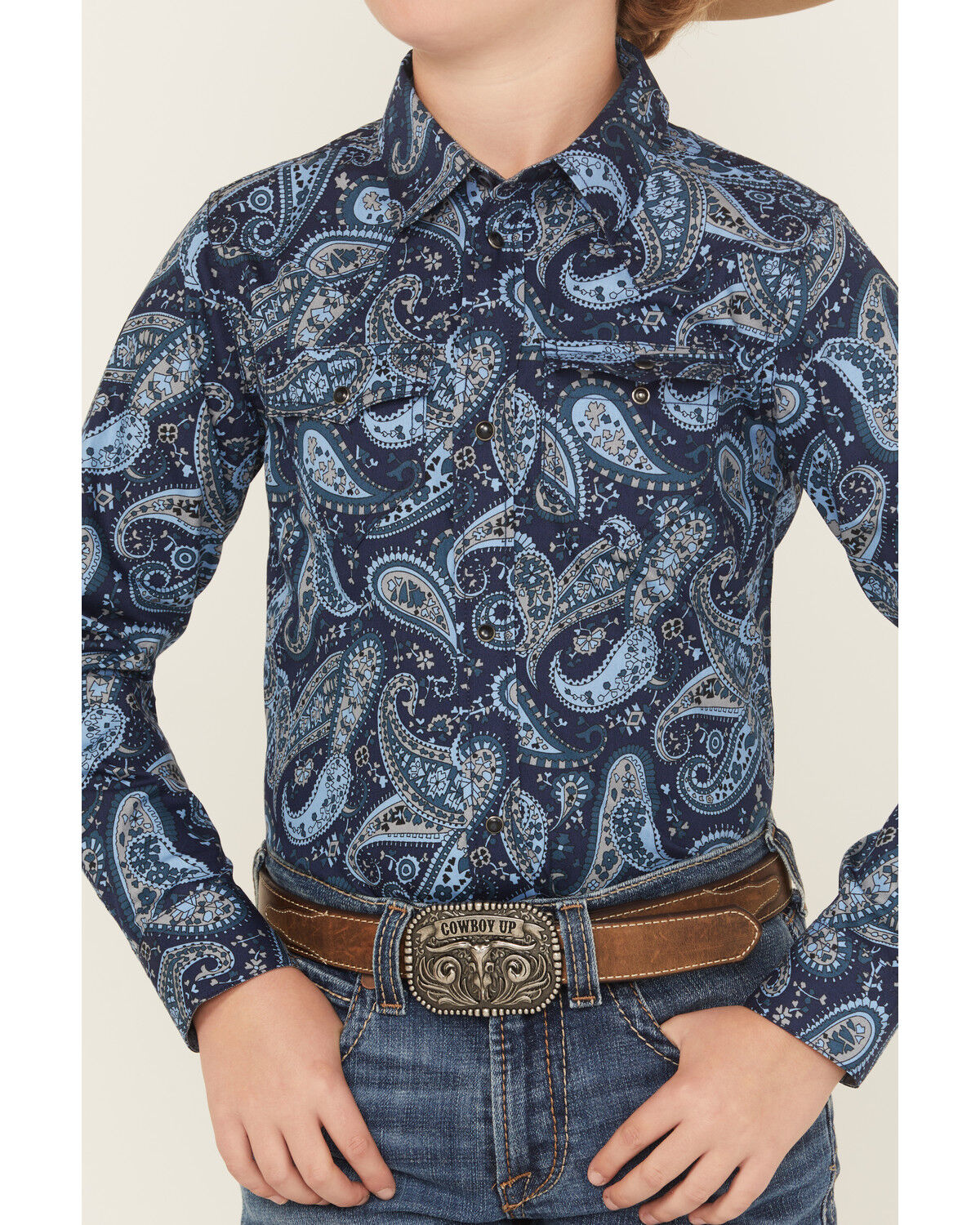 Image #3 - Cody James Boys' Westward Paisley Print Long Sleeve Snap Western Shirt, Navy, hi-res