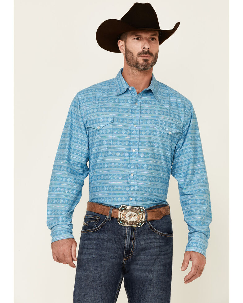 Roper Men's Turquoise Horizontal Tribal Print Long Sleeve Snap Western Shirt  , Turquoise, hi-res