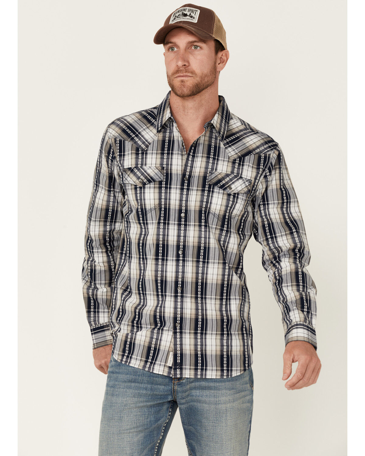 Image #1 - Moonshine Spirit Men's Talum Plaid Long Sleeve Snap Western Shirt, Navy, hi-res