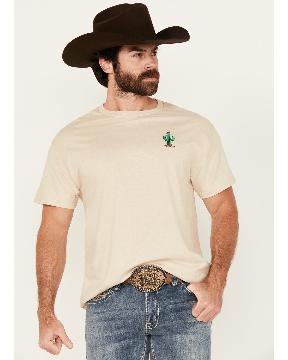 Riot Society Men's Embroidered Cactus Short Sleeve T-Shirt, Cream, hi-res