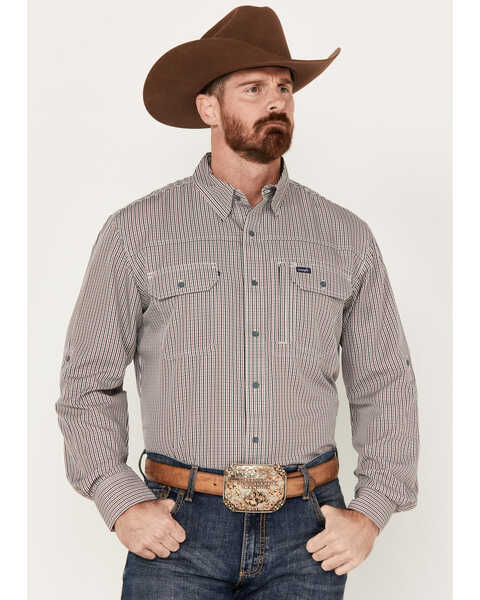 Image #1 - Wrangler Men's Performance Plaid Print Long Sleeve Button Down Western Shirt, Red, hi-res