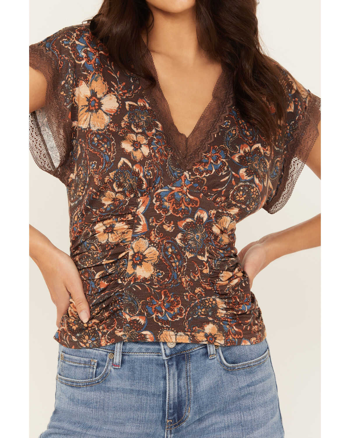 Image #3 - Idyllwind Women's Rose Floral Lace Trim Jersey Top, Dark Brown, hi-res