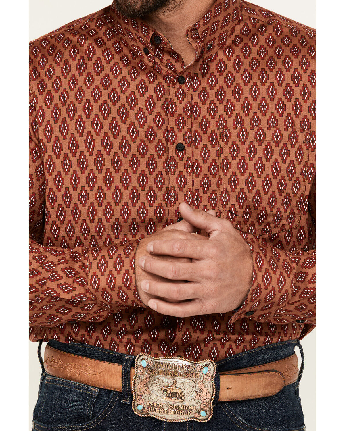 Image #2 - Cody James Men's Kenneth Southwestern Geo Print Long Sleeve Button-Down Stretch Western Shirt, Red, hi-res