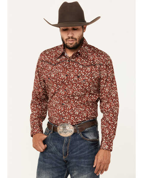 Image #1 - Cowboy Hardware Men's Range Floral Print Long Sleeve Snap Western Shirt, Burgundy, hi-res