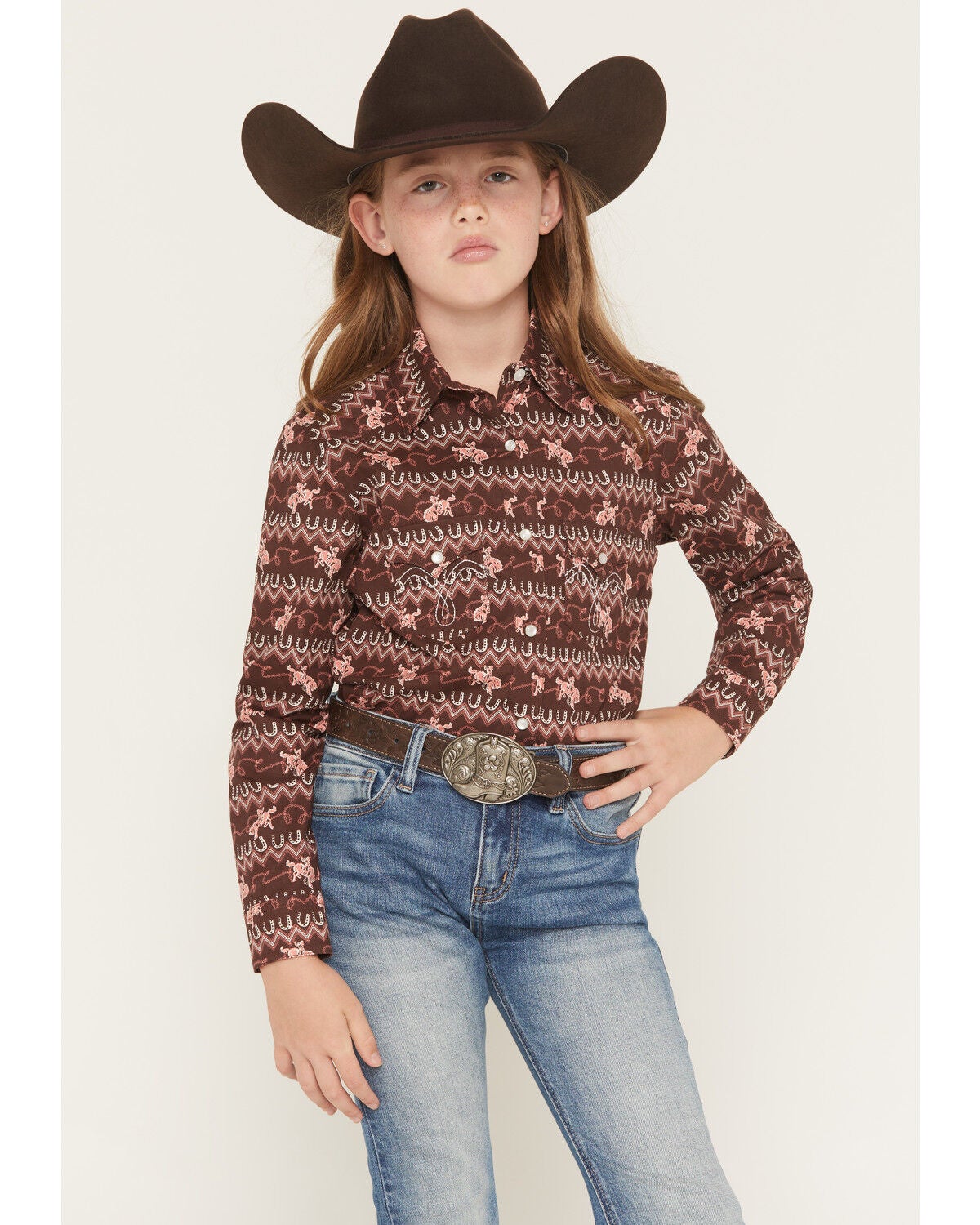 Panhandle Girls' Horse Print Long Sleeve Snap Western Shirt, Brown, hi-res