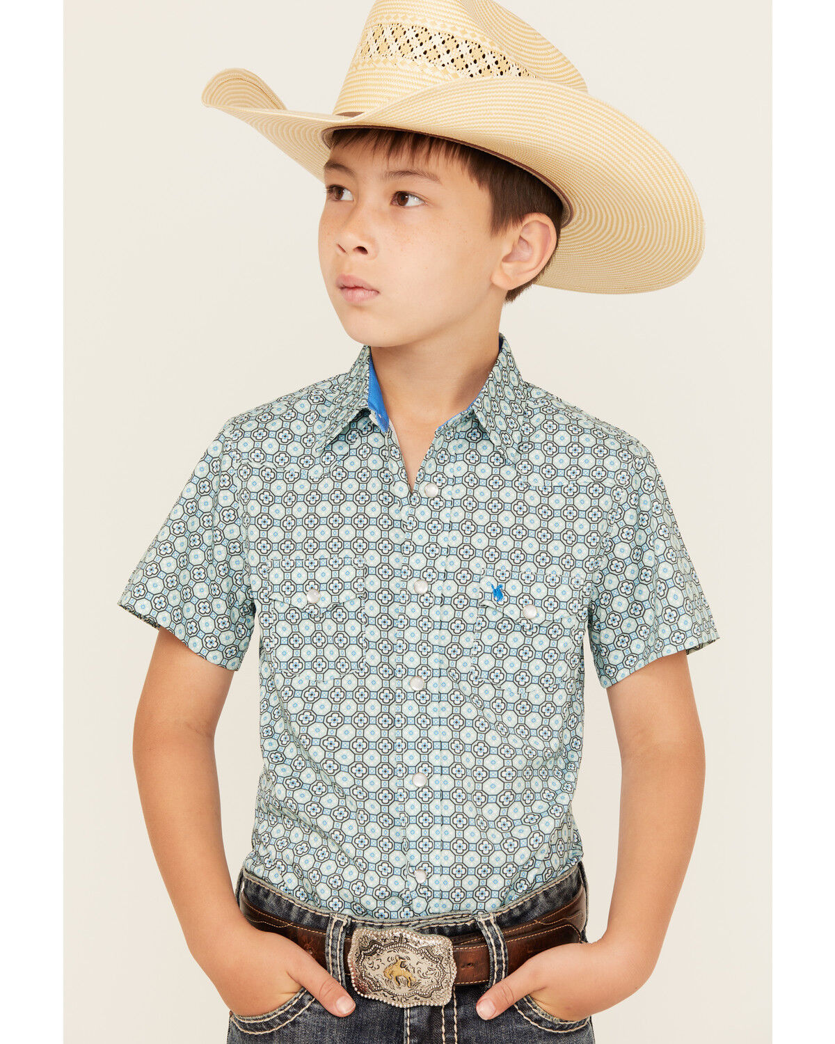 Image #1 - Rodeo Clothing Boys' Medallion Print Short Sleeve Pearl Snap Western Shirt, Teal, hi-res