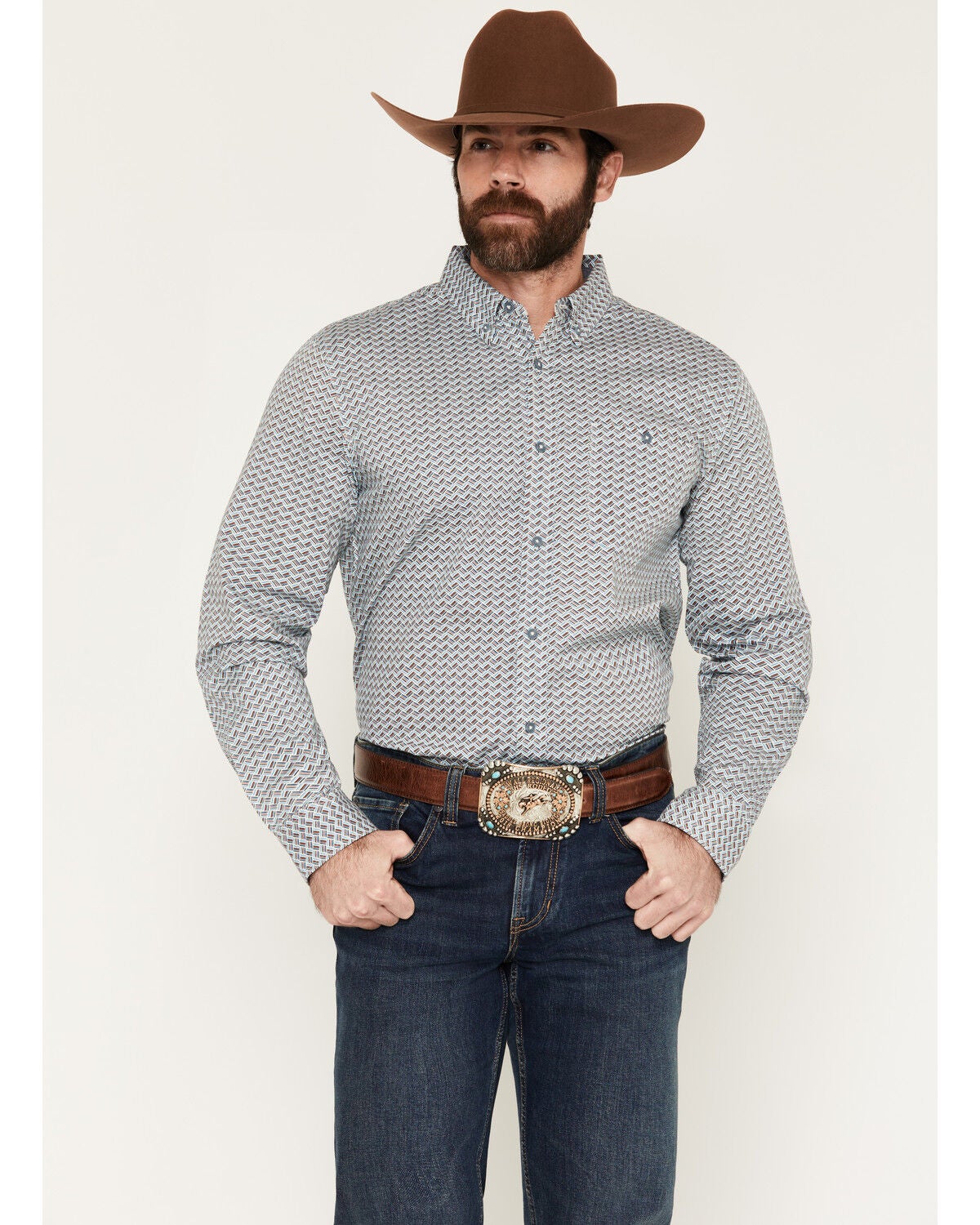 Image #1 - RANK 45&reg; Men's Stone Bluff Geo Print Long Sleeve Button-Down Stretch Western Shirt, Multi, hi-res