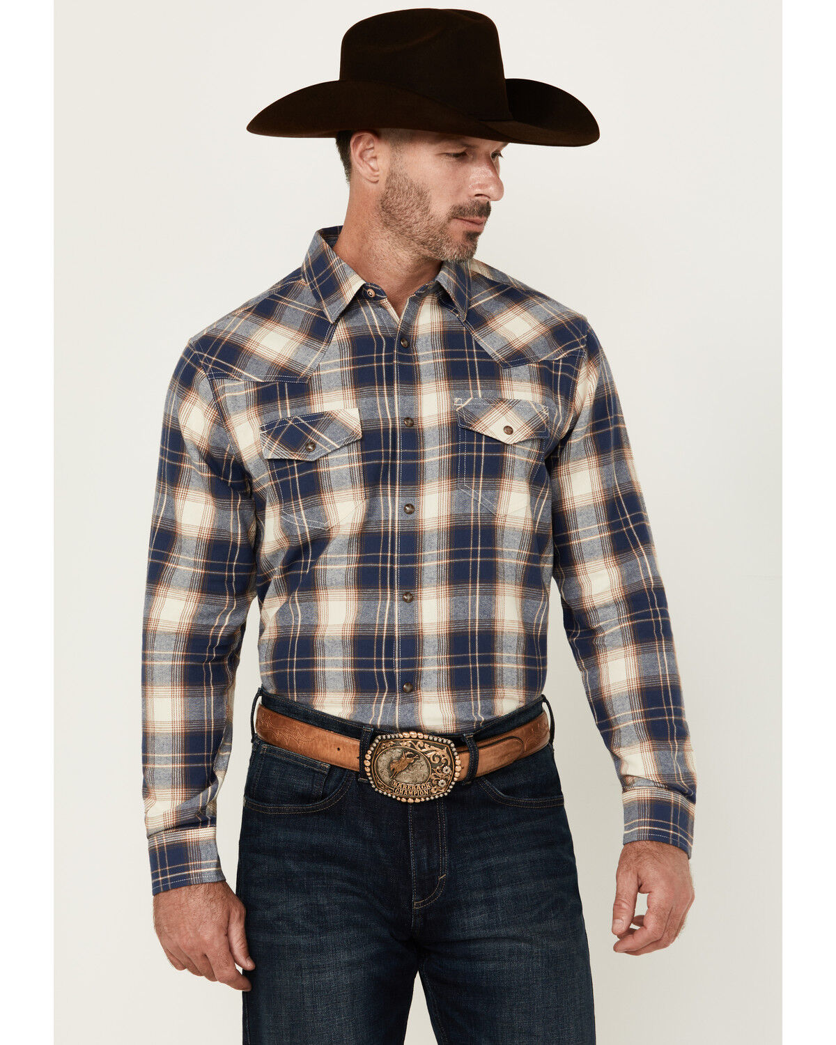 Image #1 - Cody James Men's Harvest Plaid Print Long Sleeve Snap Western Shirt, Cream, hi-res
