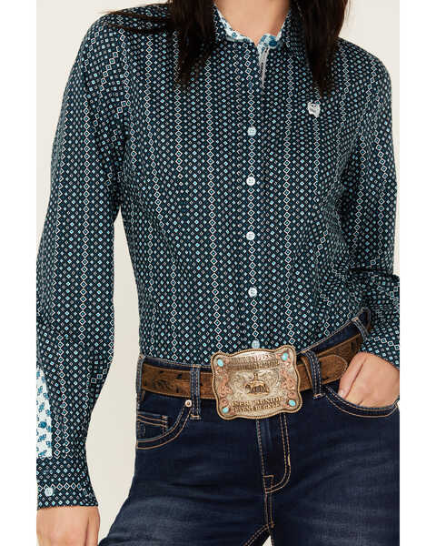 Image #3 - Cinch Women's Geo Print Long Sleeve Button-Down Western Core Shirt , Blue, hi-res