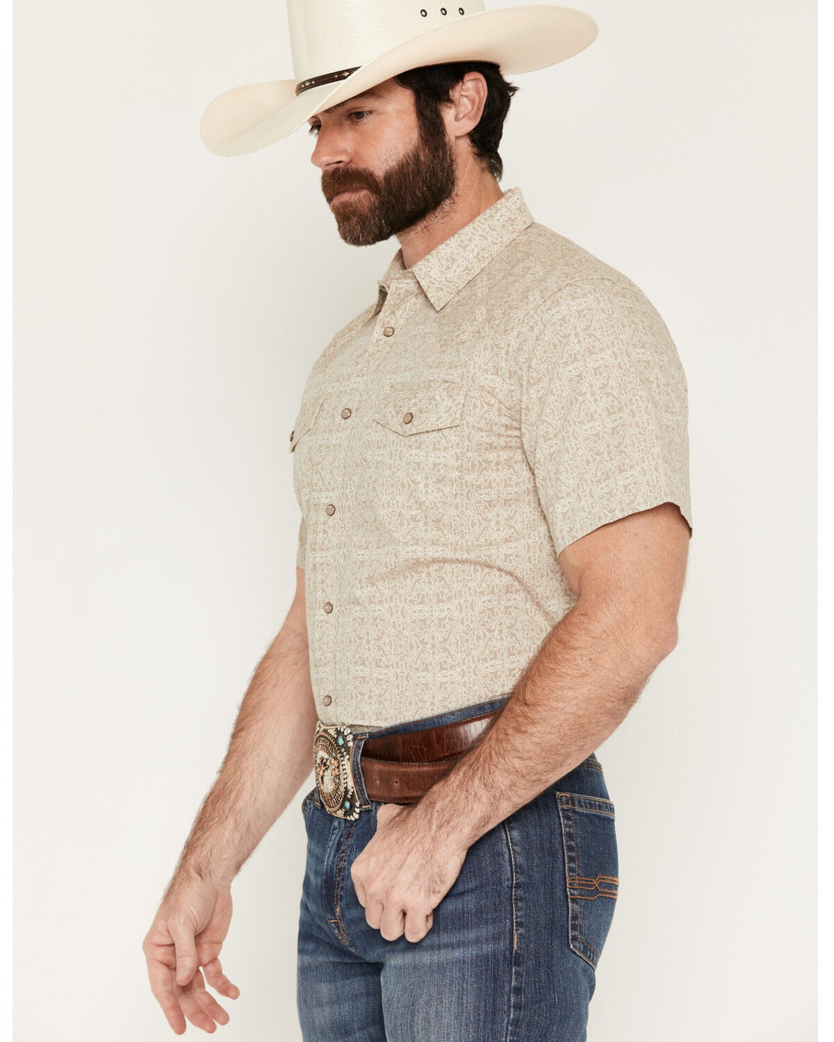 Image #2 - Gibson Trading Co Men's Timeless Medallion Print Short Sleeve Snap Western Shirt - Tall, Tan, hi-res