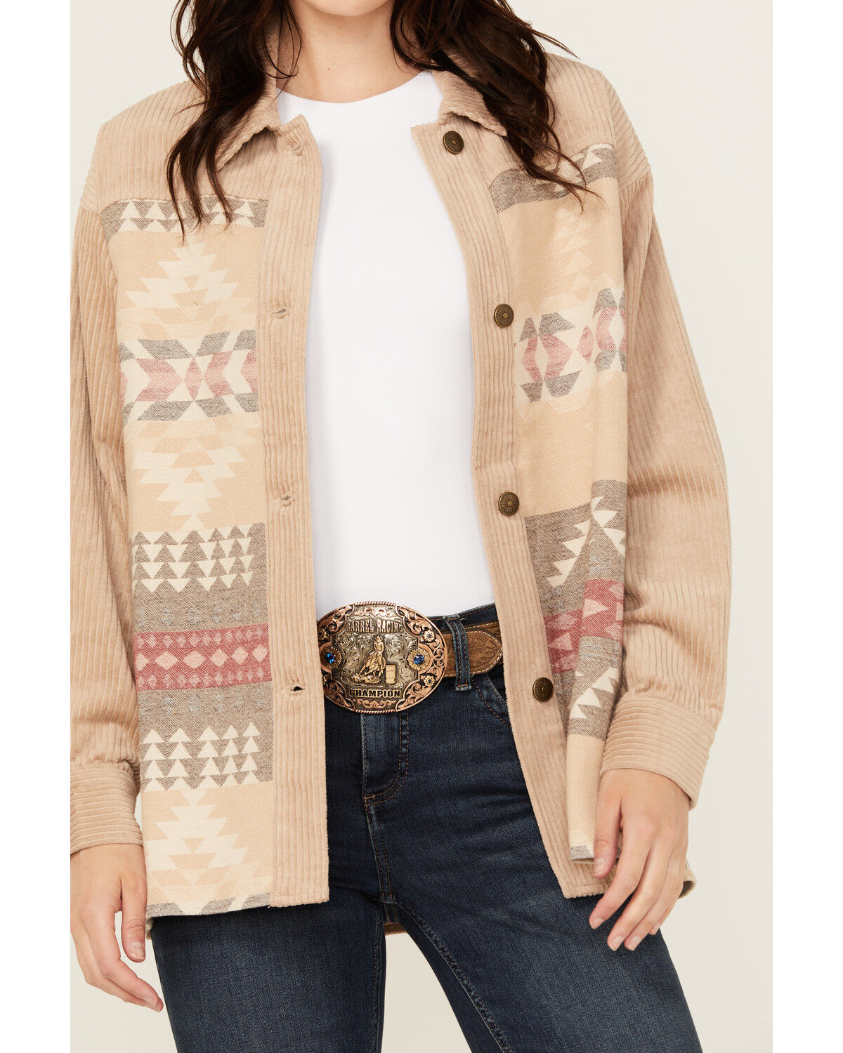 Image #3 - Shyanne Women's Wide Wale Southwestern Print Corduroy Shacket, Beige, hi-res