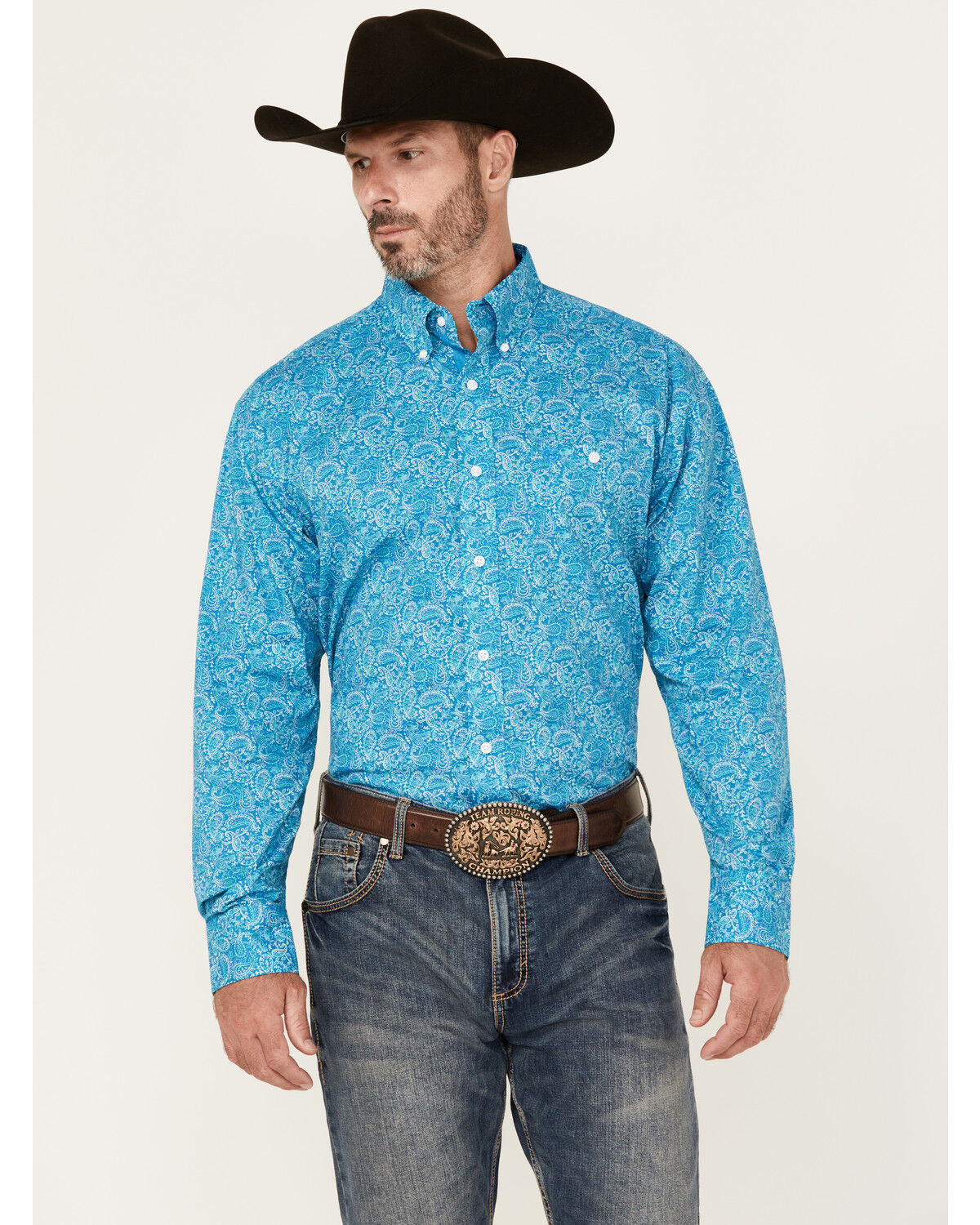 Image #1 - George Strait by Wrangler Men's Paisley Print Long Sleeve Button-Down Stretch Western Shirt, Turquoise, hi-res