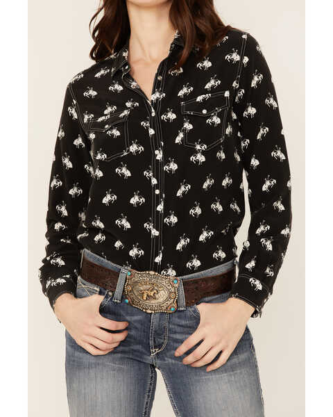 Image #2 - RRR Women's Bucking Horse Print Western Snap Shirt, Black, hi-res