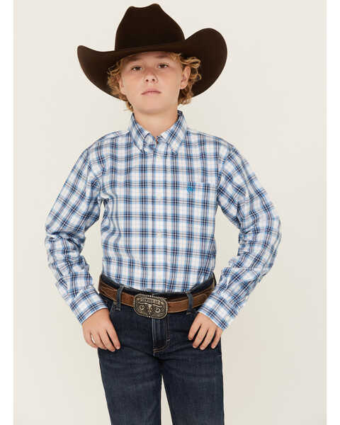 Image #1 - Ariat Boys' Plaid Print Long Sleeve Button-Down Western Shirt , Blue, hi-res