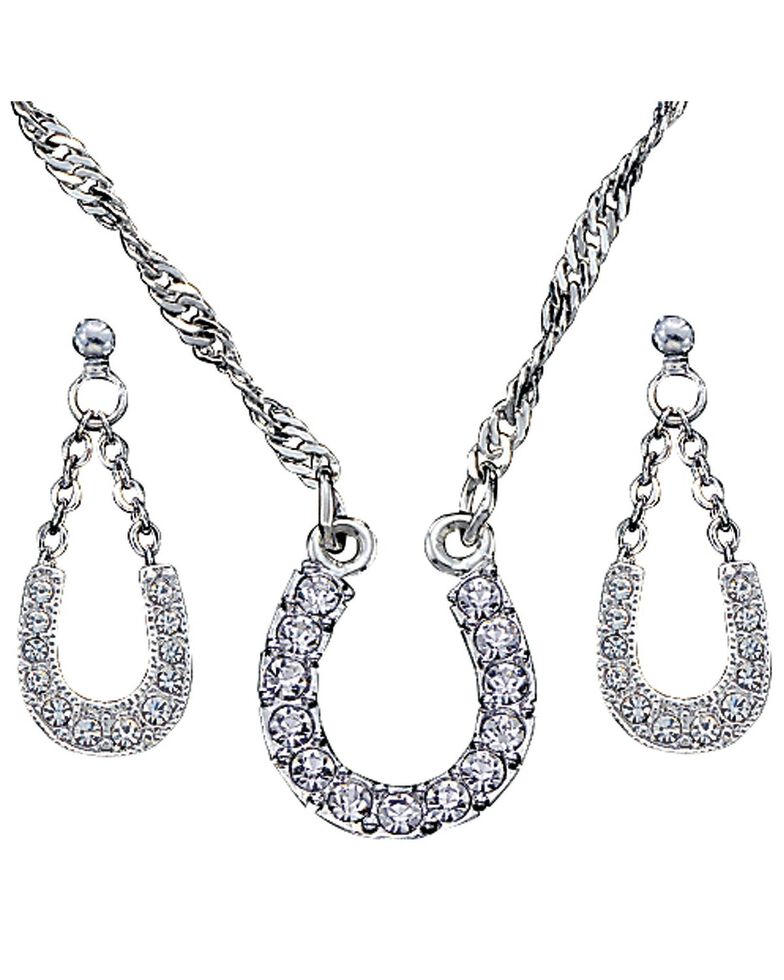 Montana Silversmiths Crystal Clear Lucky Horsehoe Necklace & Earrings Set, Silver, hi-res