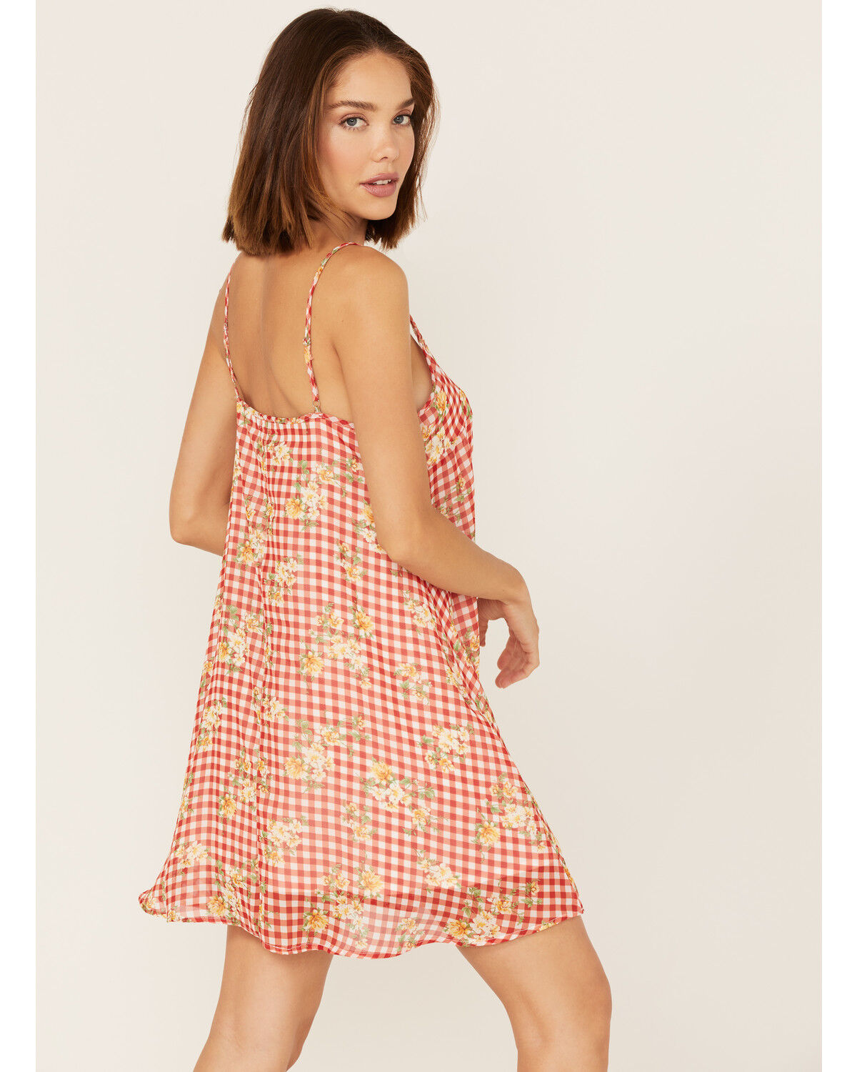 Image #4 - Wild Moss Women's Gingham Floral Print Slip Mini Dress, Red, hi-res
