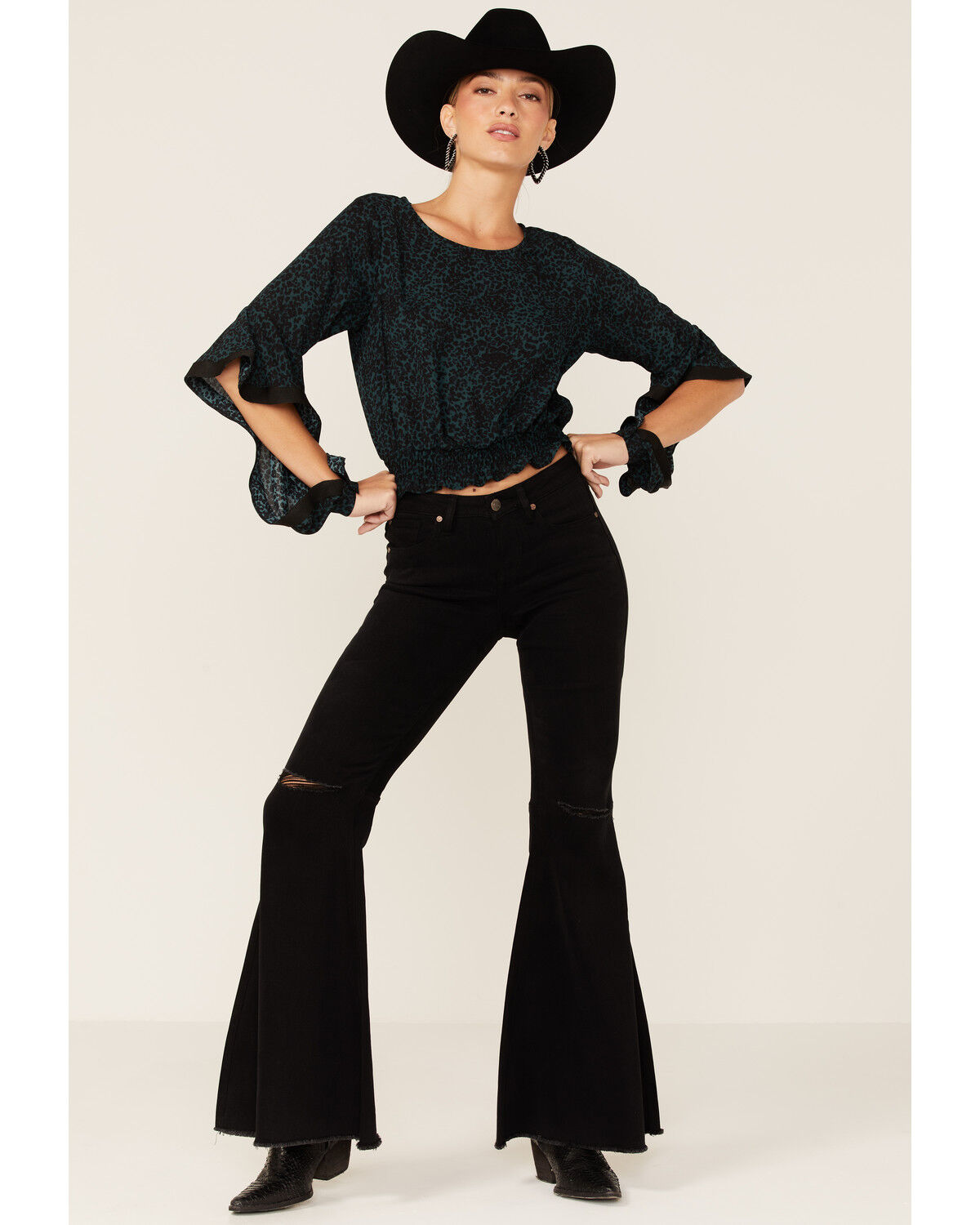 Image #2 - Shyanne Women's Dark Green Animal Print Bell Sleeve Crop Top, Dark Green, hi-res