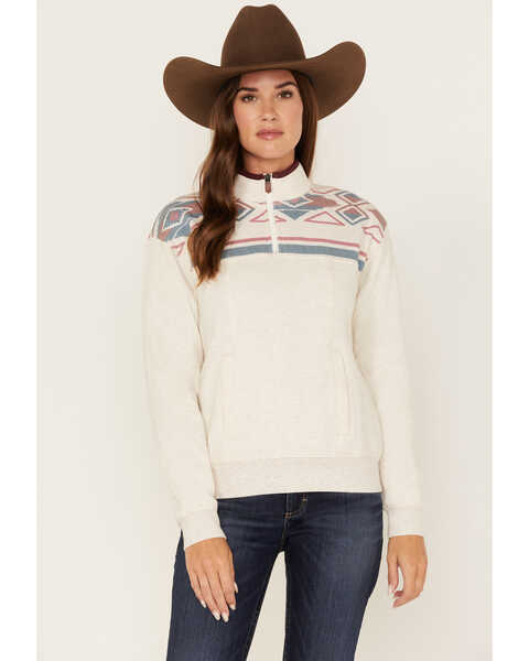 Image #1 - RANK 45® Women's 1/4 Zip Southwestern Print Contrast Pullover , Oatmeal, hi-res