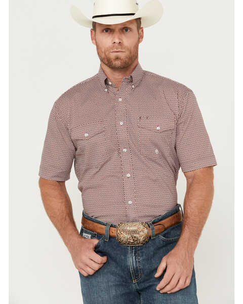 Roper Men's Amarillo Geo Print Short Sleeve Button-Down Stretch Western Shirt, Burgundy, hi-res