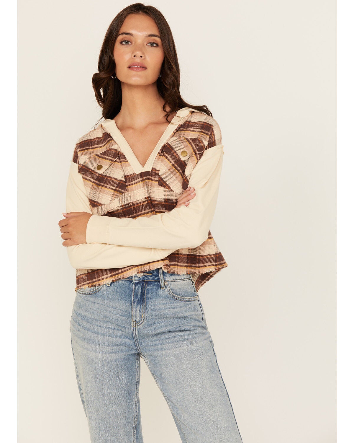Cleo + Wolf Women's Damian Hooded Flannel Pullover, Oatmeal, hi-res