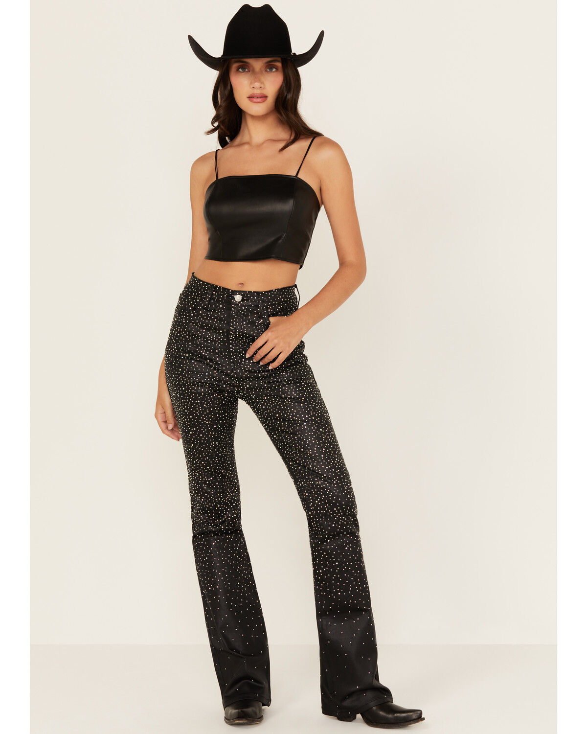 Image #1 - Vibrant Denim Women's Embellished High Rise Flare Pants, Black, hi-res