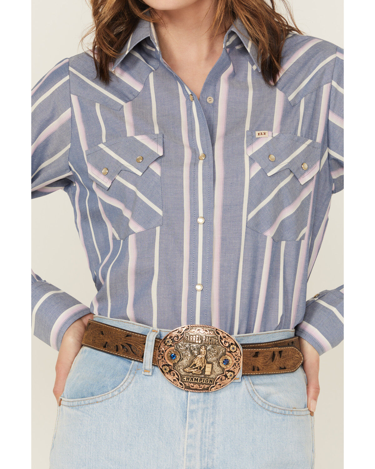 Image #4 - Cowboygirl by Jenna Paulette Women's Striped Long Sleeve Pearl Snap Western Shirt, Blue, hi-res
