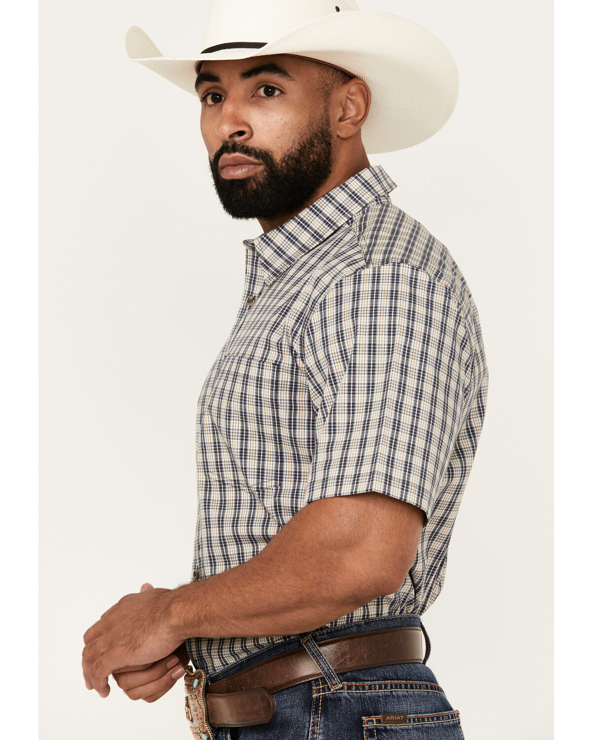 Image #2 - Cody James Men's Plaid Print Short Sleeve Button-Down Stretch Western Shirt, Navy, hi-res