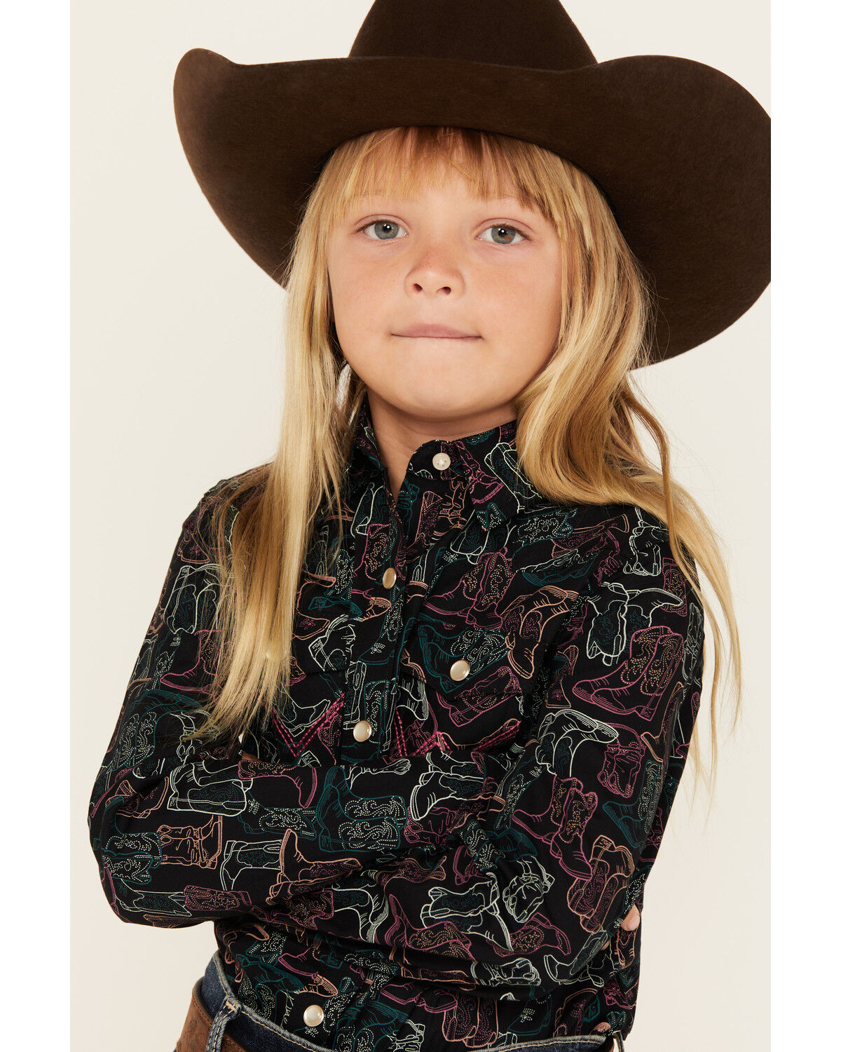 Image #2 - Wrangler Girls' Boot Print Long Sleeve Snap Western Shirt, Black, hi-res