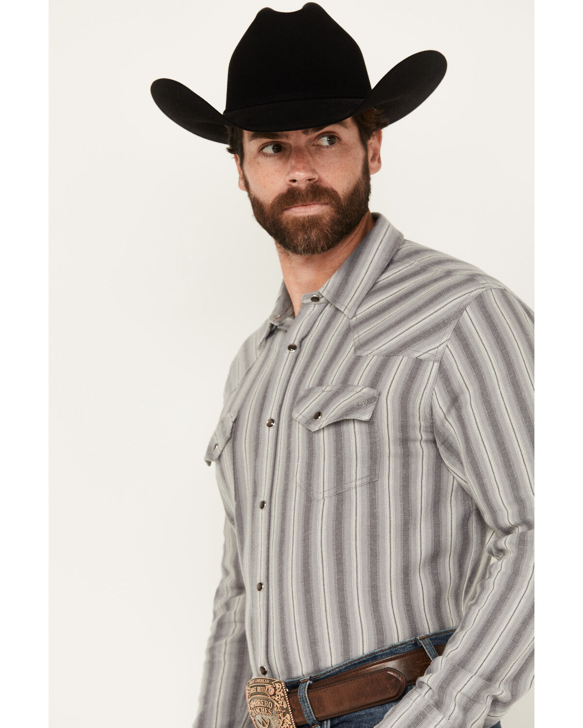 Image #2 - Blue Ranchwear Men's Freestone Striped Print Long Sleeve Snap Western Shirt, Light Grey, hi-res