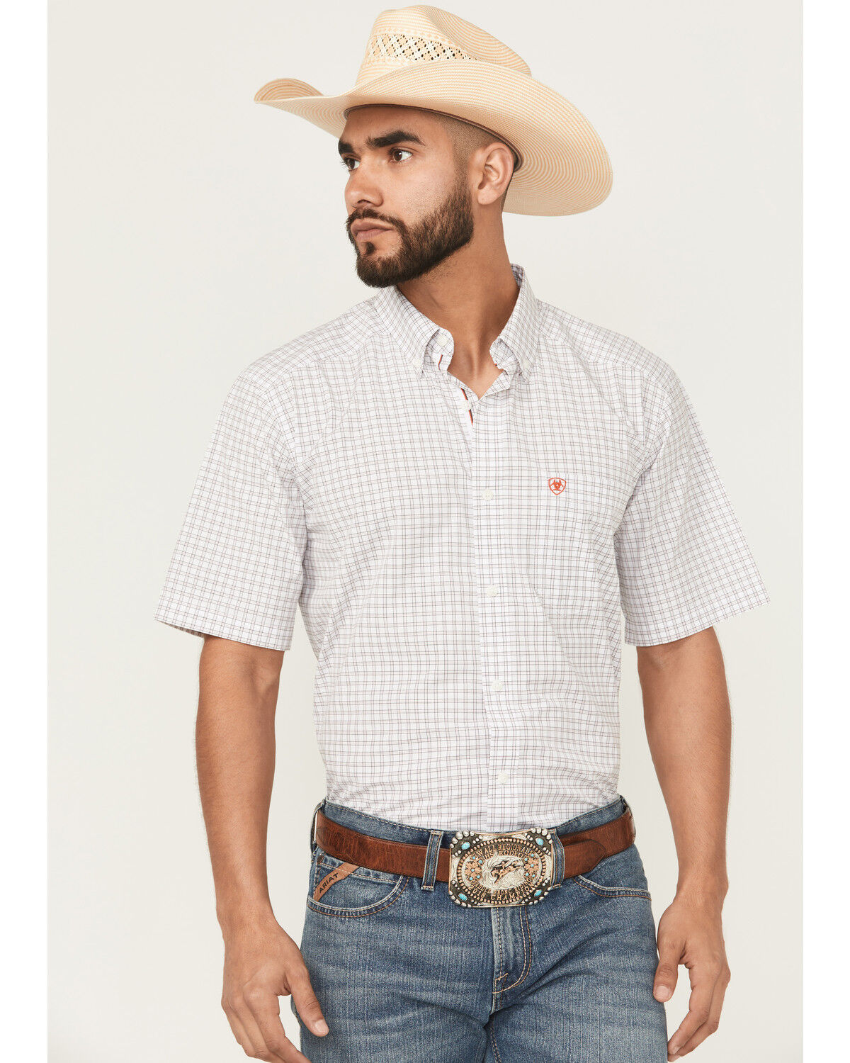 Image #1 - Ariat Men's Pro Series Woody Plaid Print Short Sleeve Button-Down Western Shirt, White, hi-res