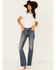 Image #3 - Miss Me Women's Dark Wash Mid Rise Floral Pocket Slim Bootcut Stretch Denim Jeans, Dark Wash, hi-res