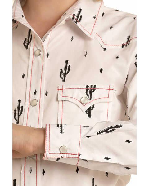 Image #3 - Panhandle Girls' Cactus Print Long Sleeve Pearl Snap Western Shirt , White, hi-res