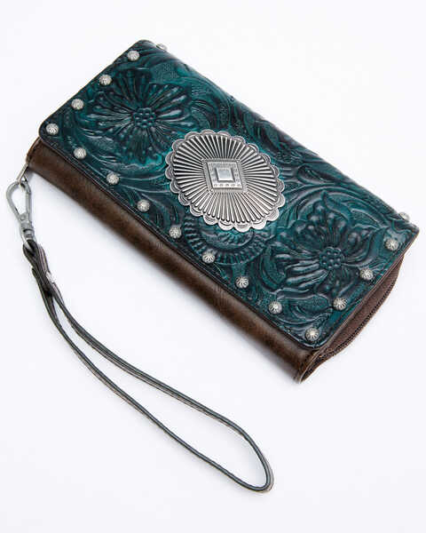 Shyanne Women's Cassidy Turquoise Tooled Wristlet Wallet, Chocolate/turquoise, hi-res