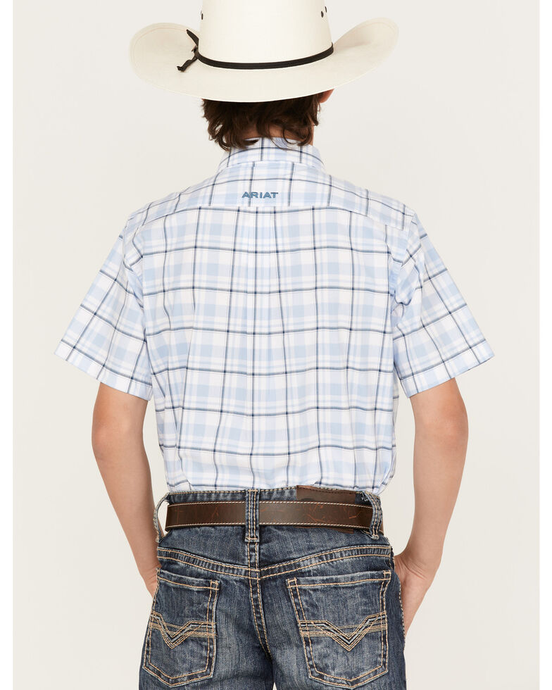 Ariat Boys' Plaid Print Short Sleeve Button-Down Shirt, Blue, hi-res