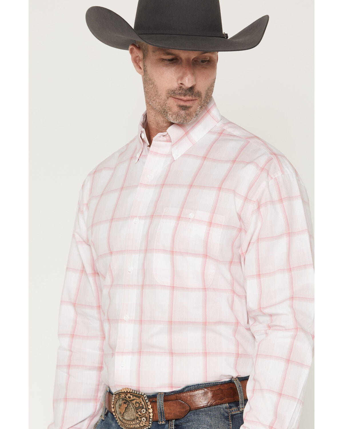 Image #2 - Wrangler Men's Bucking Cancer Plaid Print Long Sleeve Button-Down Western Shirt, Pink, hi-res