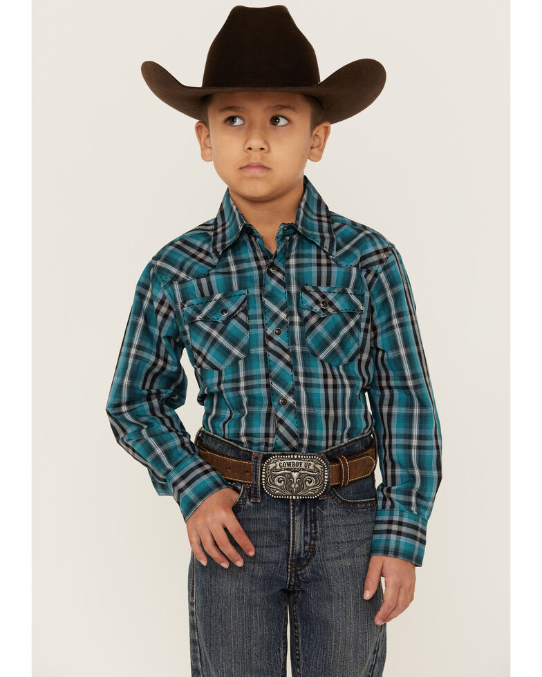 Wrangler Youth Boys' Plaid Long Sleeve Fashion Western Snap Shirt, Blue, hi-res