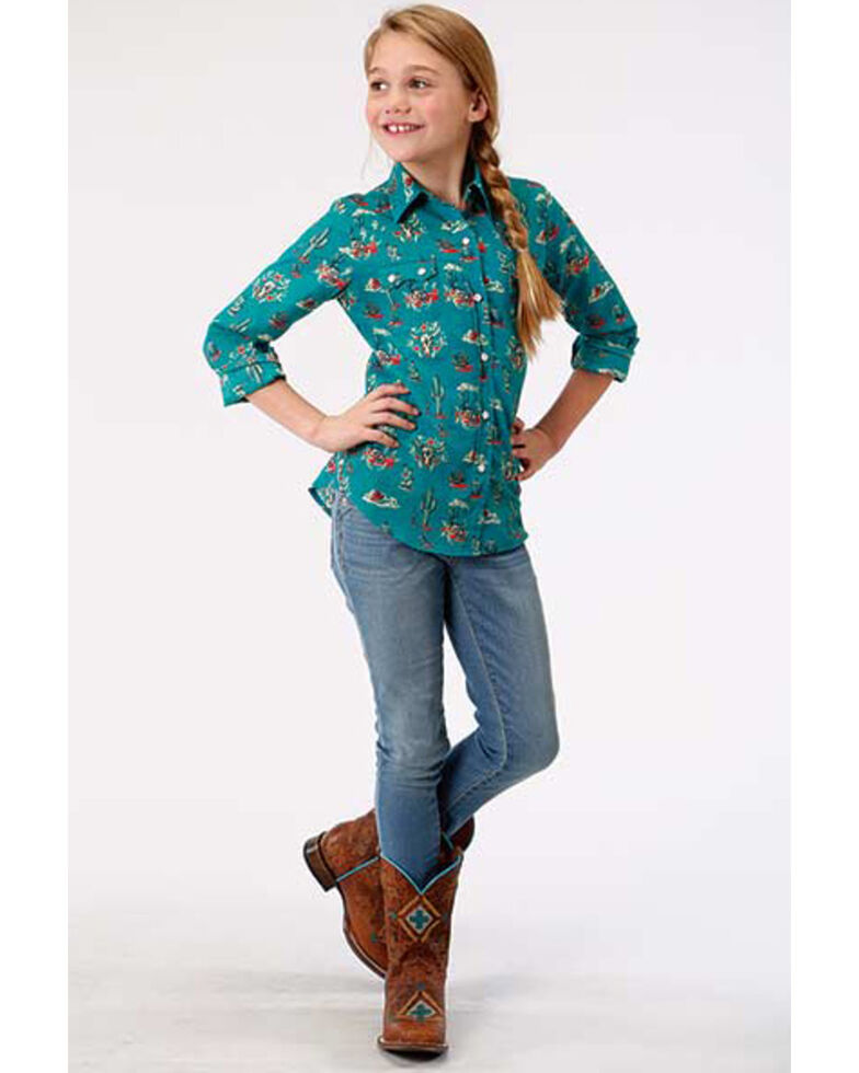 Roper Girls Blue Cactus Print Snap Long Sleeve Western Shirt