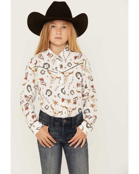 Image #1 - Cotton & Rye Girls' Skull Conversation Print Long Sleeve Pearl Snap Western Shirt , Multi, hi-res