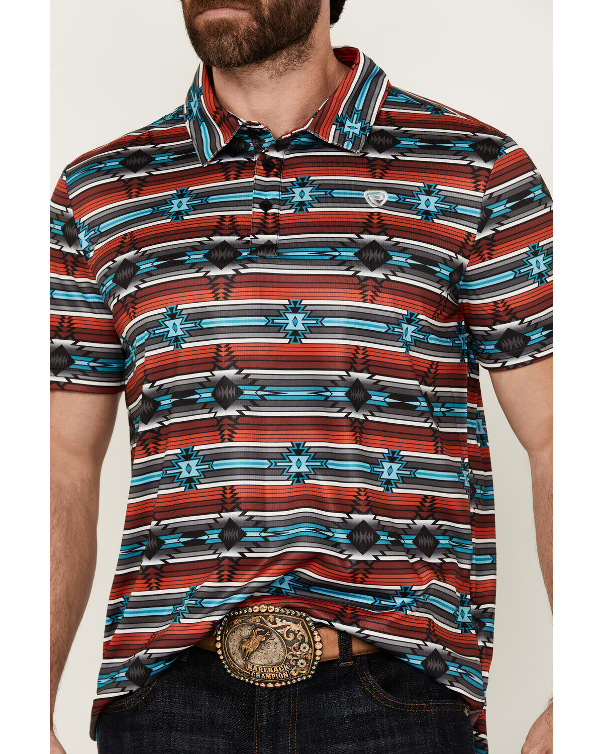 Image #3 - Rock & Roll Denim Men's Southwestern Striped Short Sleeve Stretch Polo Shirt, Red, hi-res