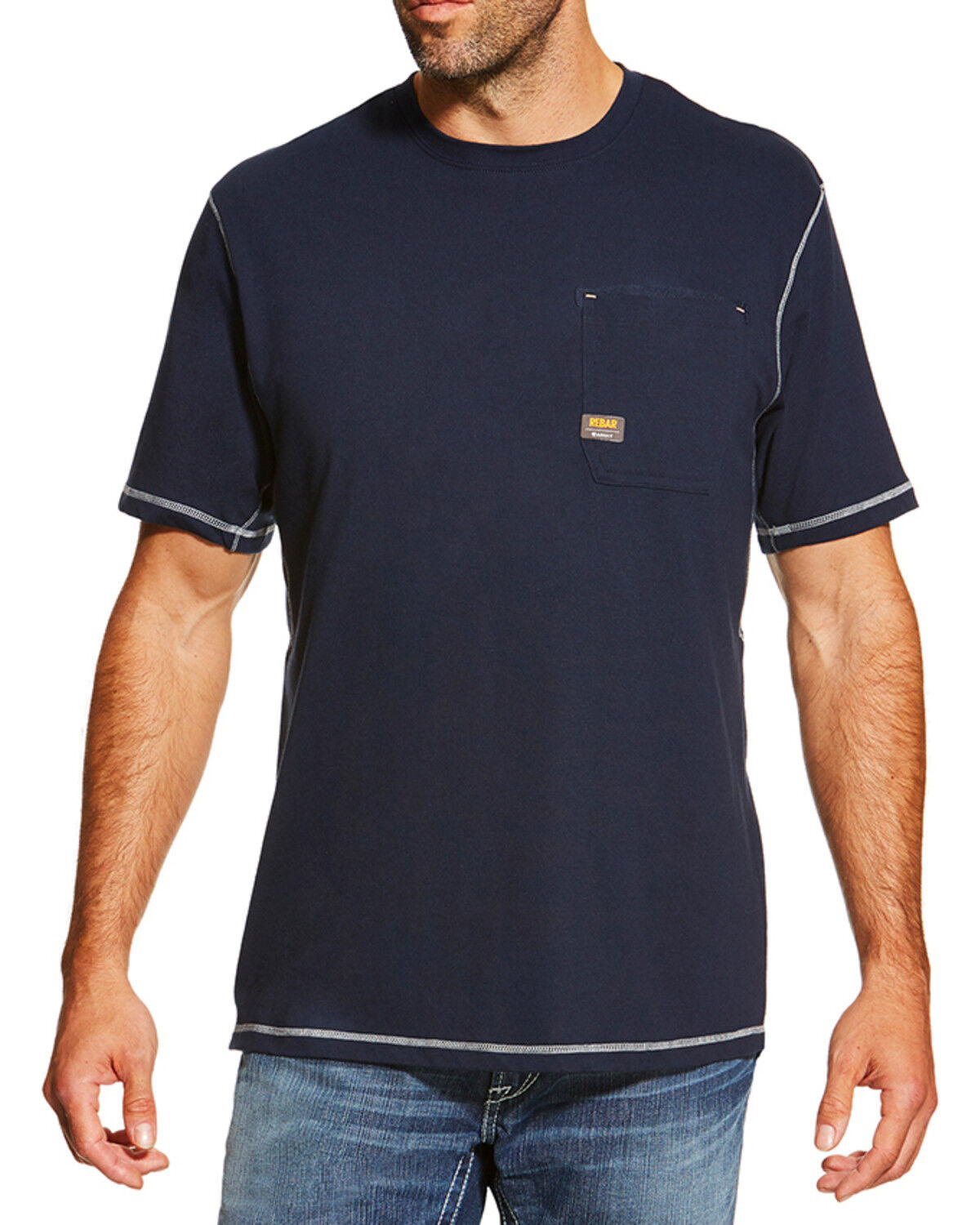 Image #1 - Ariat Men's Navy Rebar Crew Short Sleeve Pocket Tee, Navy, hi-res