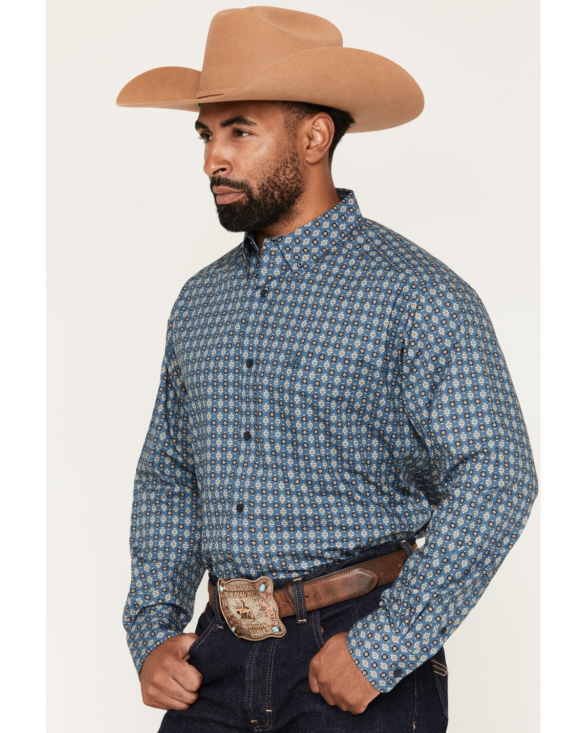 Image #2 - Ariat Men's Lex Geo Print Long Sleeve Button-Down Western Shirt, Blue, hi-res