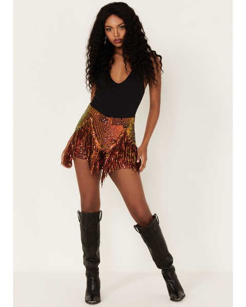Image #1 - Any Old Iron Women's Sequins and Fringe Shorts, Rust Copper, hi-res