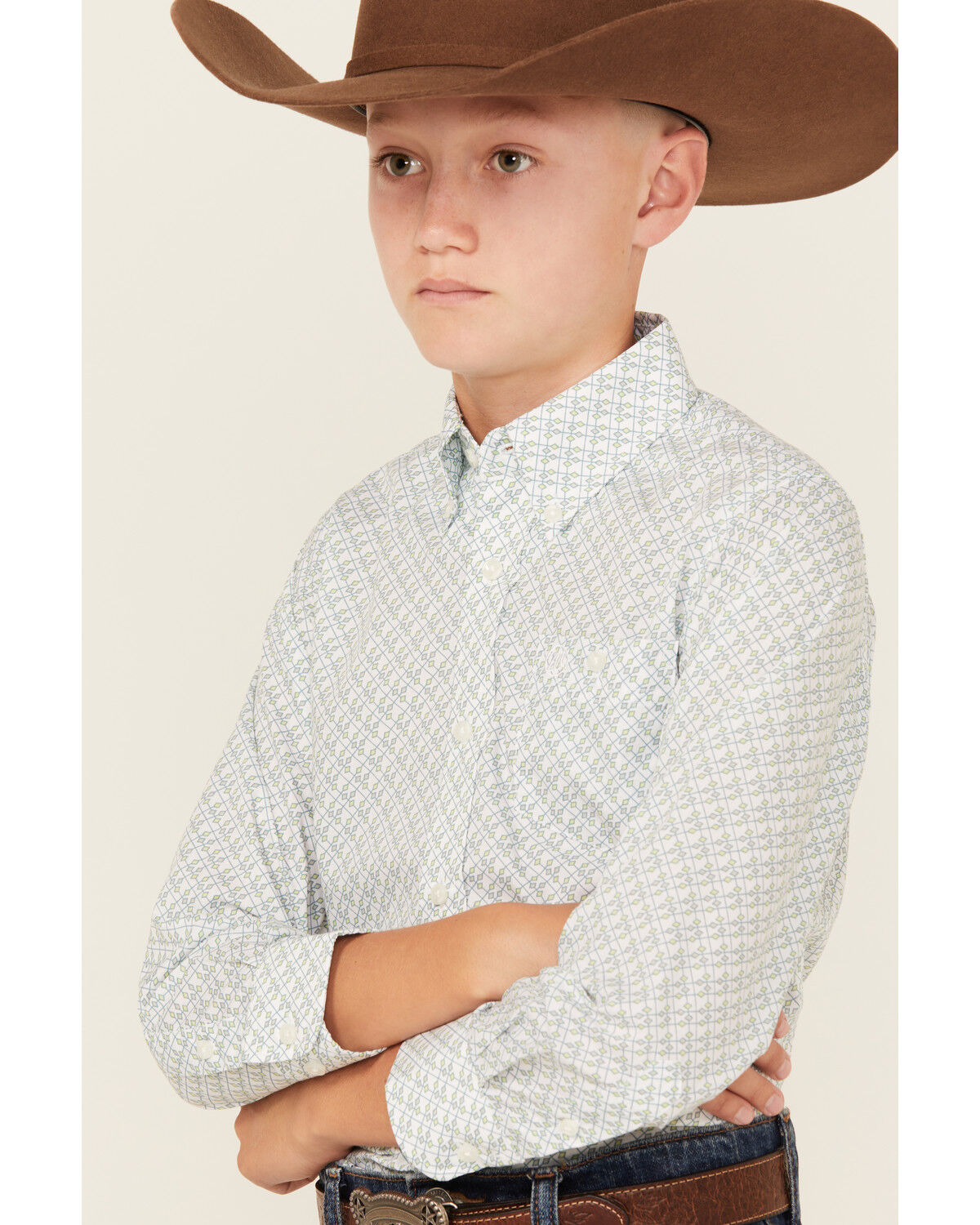 Image #2 - Wrangler Boys' 20x Geo Print Long Sleeve Button-Down Western Shirt, Beige, hi-res