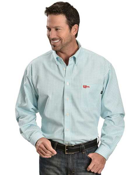 Image #1 - Cinch Men's Flame Resistant Plaid Print Long Sleeve Button Down Work Shirt, Turquoise, hi-res