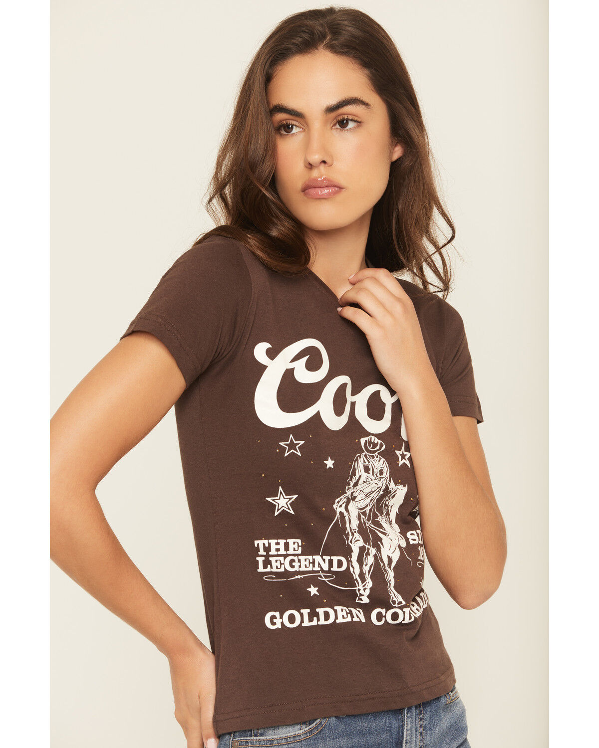 Image #2 - Coors Women's Rhinestone Stars Cowboy Short Sleeve Oversized Graphic Tee, Brown, hi-res
