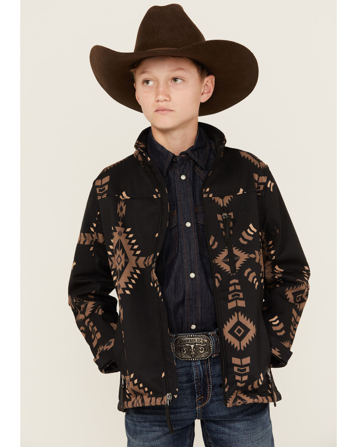 Image #1 - Hooey Boys' Southwestern Print Softshell Jacket, Black, hi-res