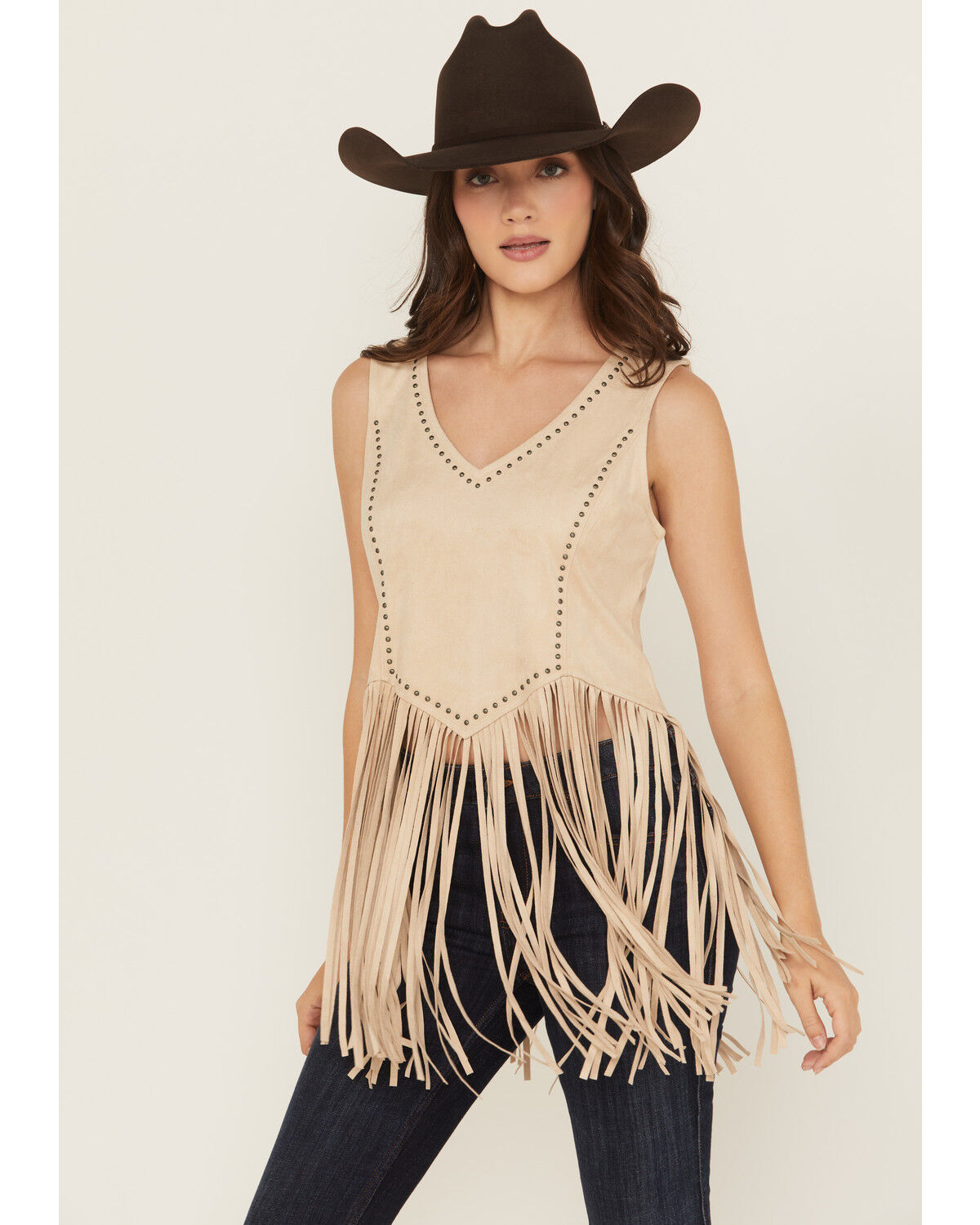 Image #1 - Idyllwind Women's Monticello Fringe Faux Suede Studded Tank, Stone, hi-res