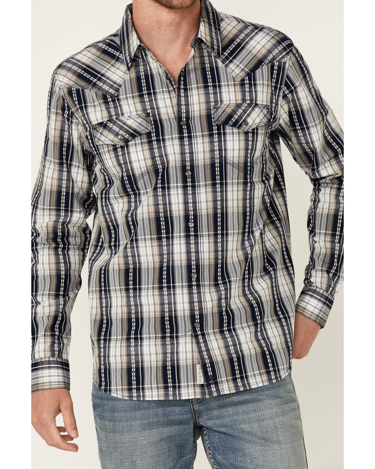 Image #3 - Moonshine Spirit Men's Talum Plaid Long Sleeve Snap Western Shirt, Navy, hi-res