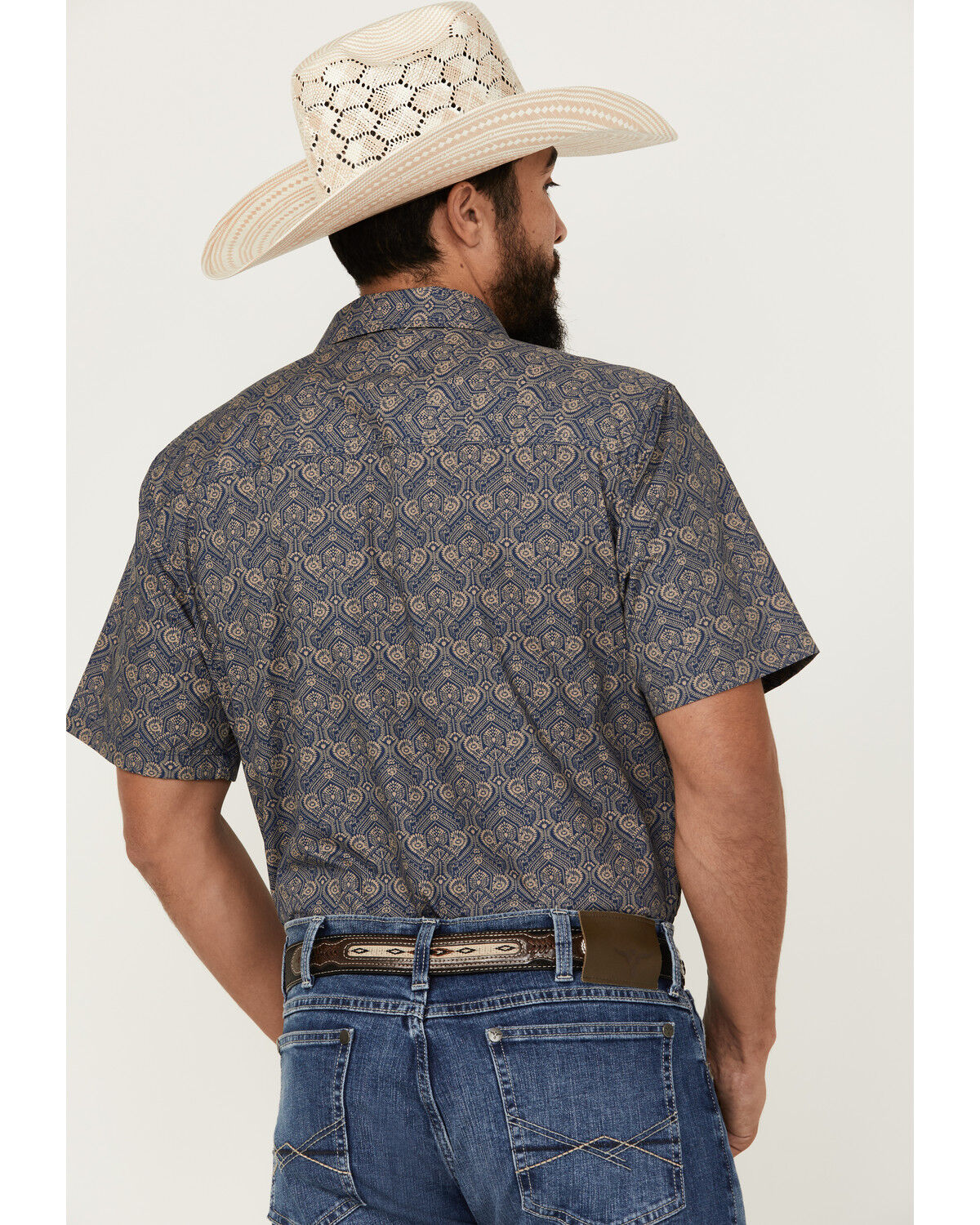 Image #4 - Gibson Trading Co Men's Rain Down Medallion Print Short Sleeve Button-Down Western Shirt, Navy, hi-res