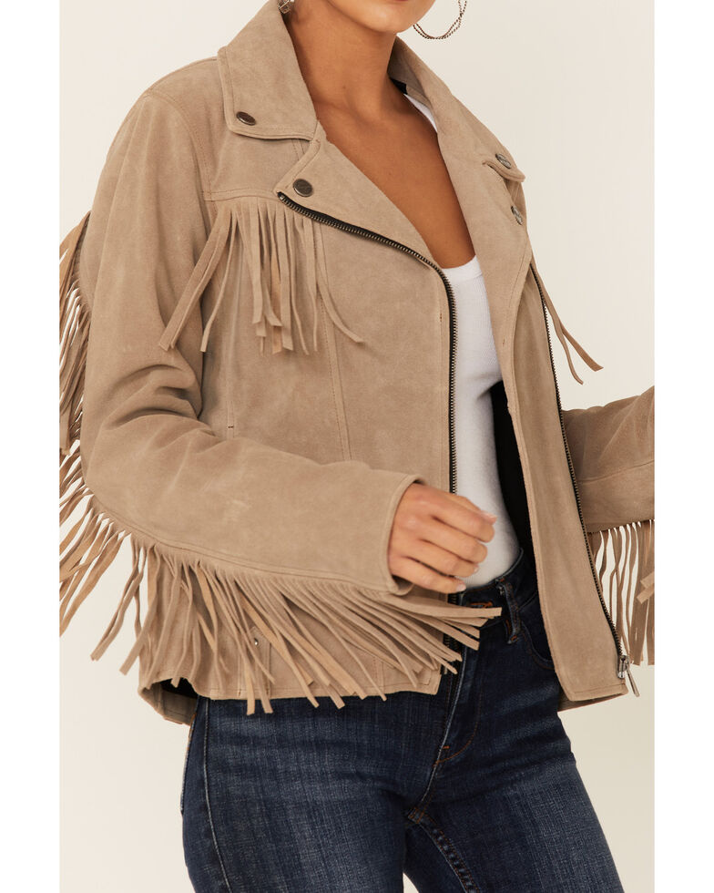 Wrangler Women's Fringe Leather Jacket, Taupe, hi-res